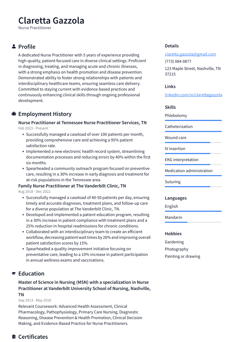 Nurse Practitioner Resume Example