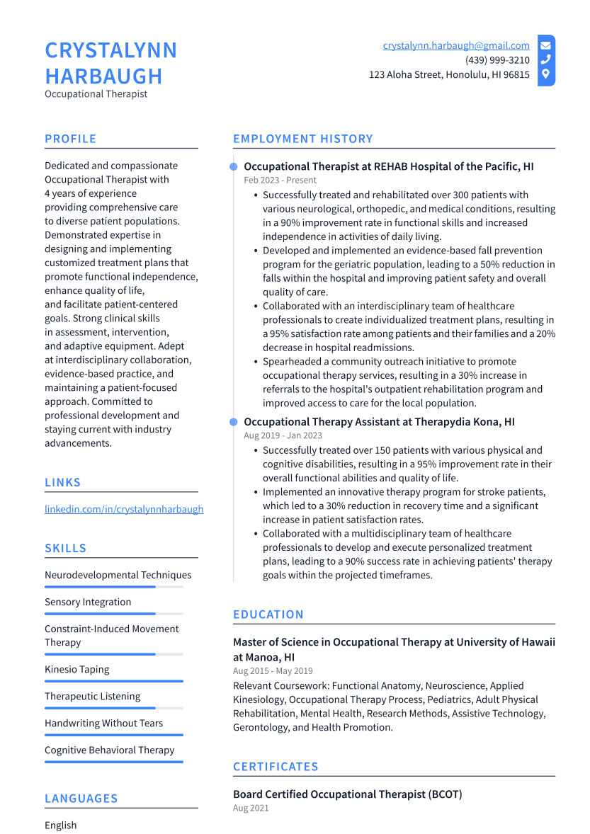 Occupational Therapist Resume Example