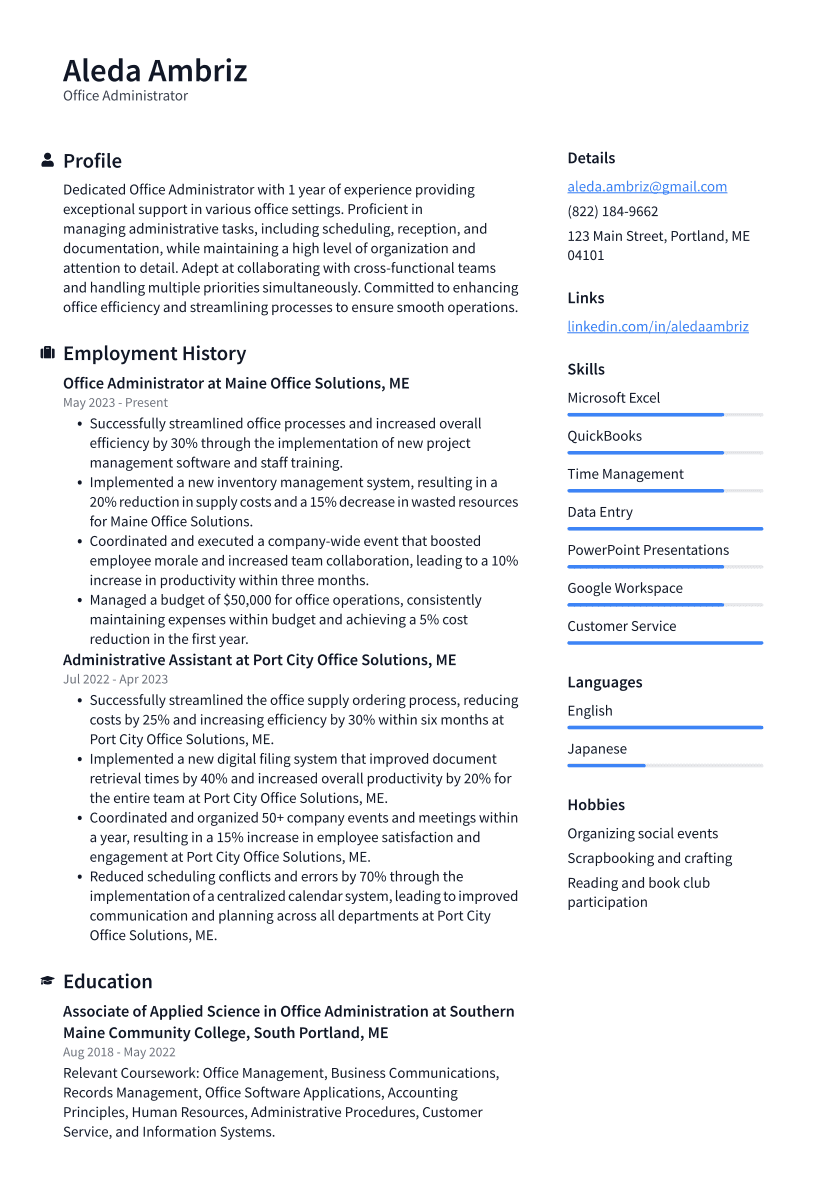 Office Administrator Resume Example