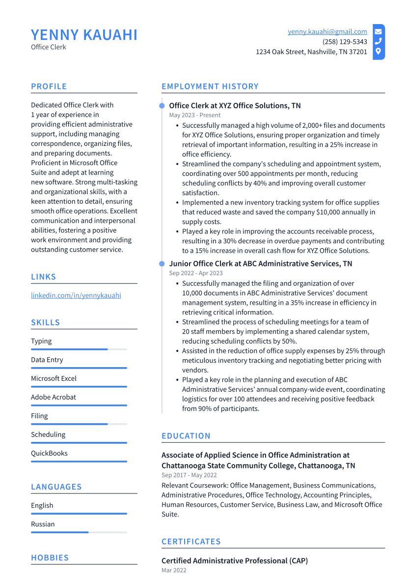 Office Clerk Resume Example