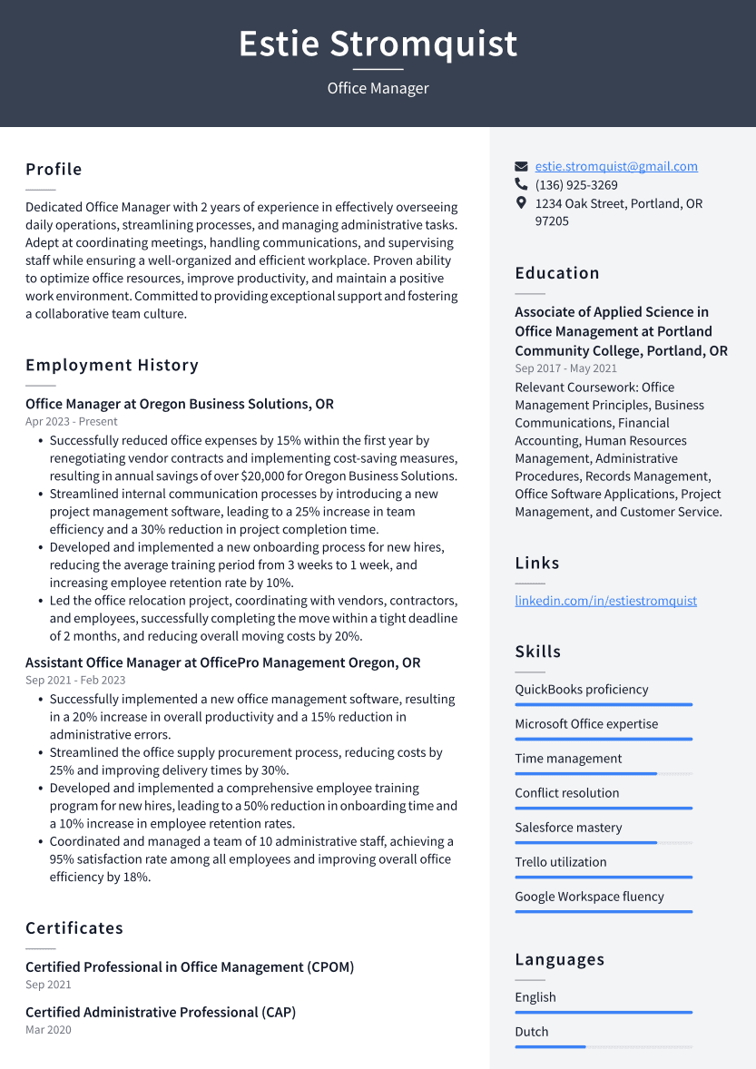 Office Manager Resume Example