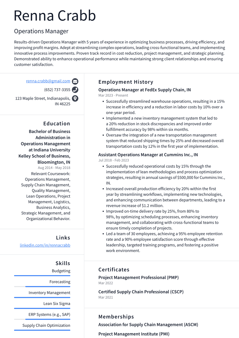 Operations Manager Resume Example