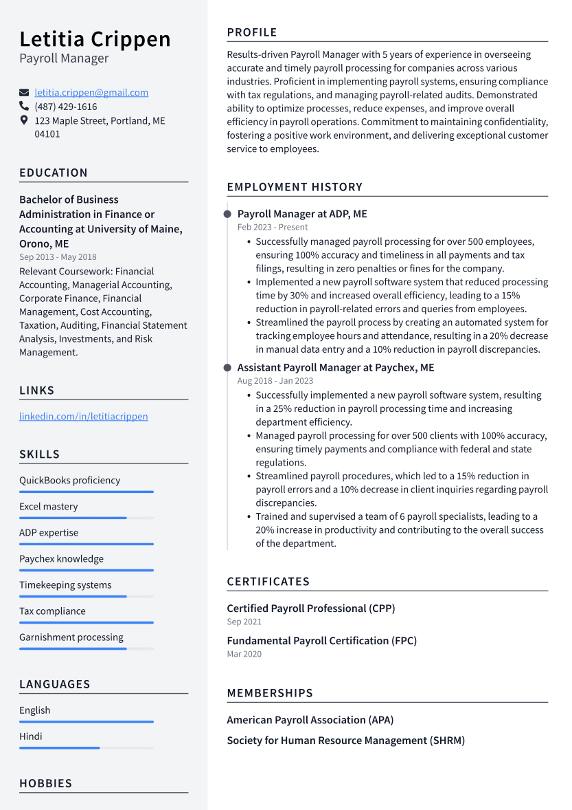 Payroll Manager Resume Example