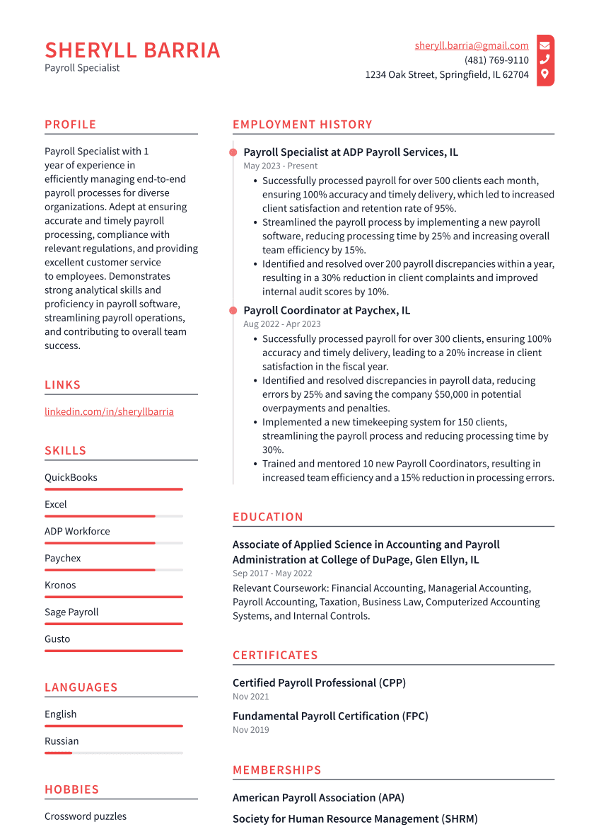 Payroll Specialist Resume Example