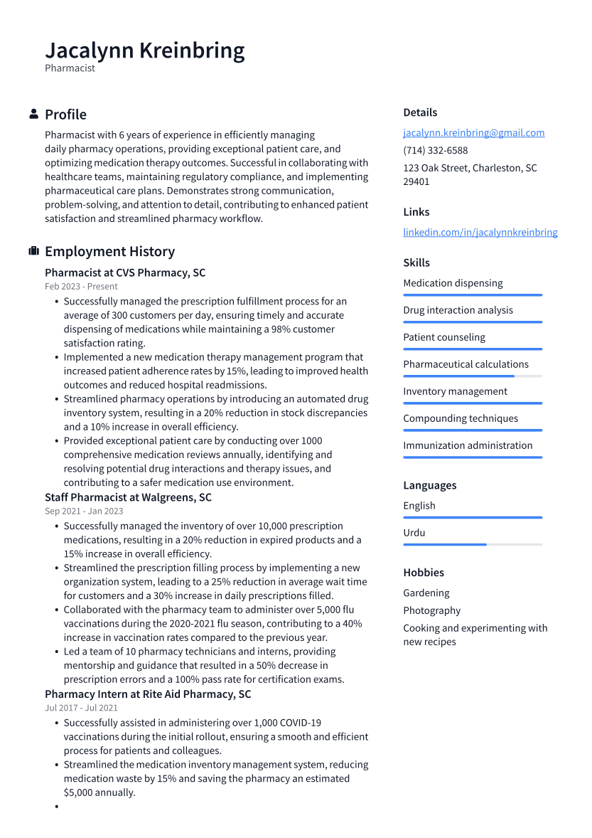 Pharmacist Resume Example