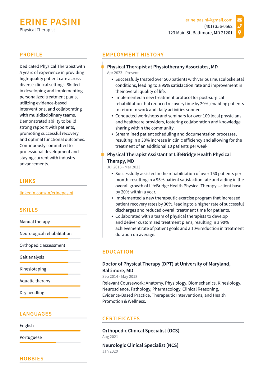 Physical Therapist Resume Example
