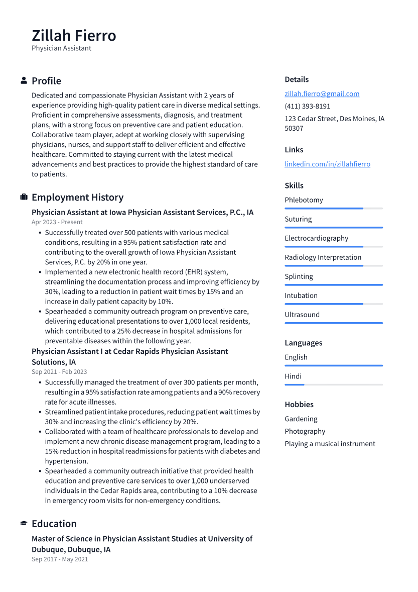 Physician Assistant Resume Example