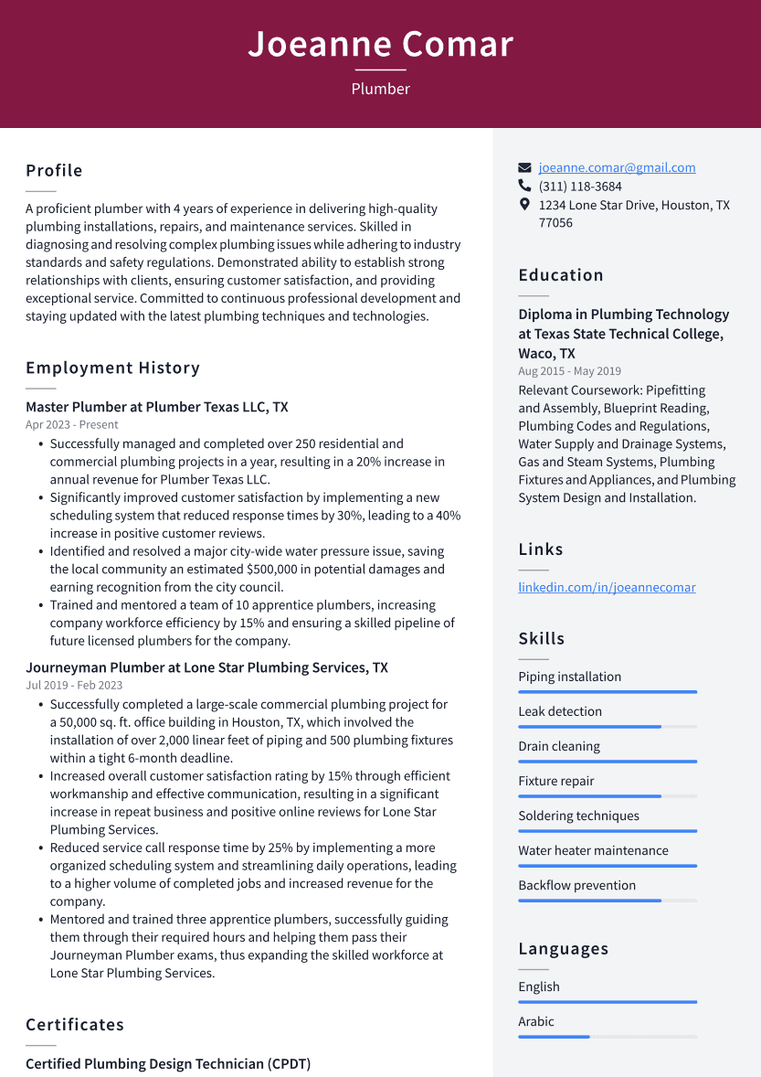 Plumber Resume Example
