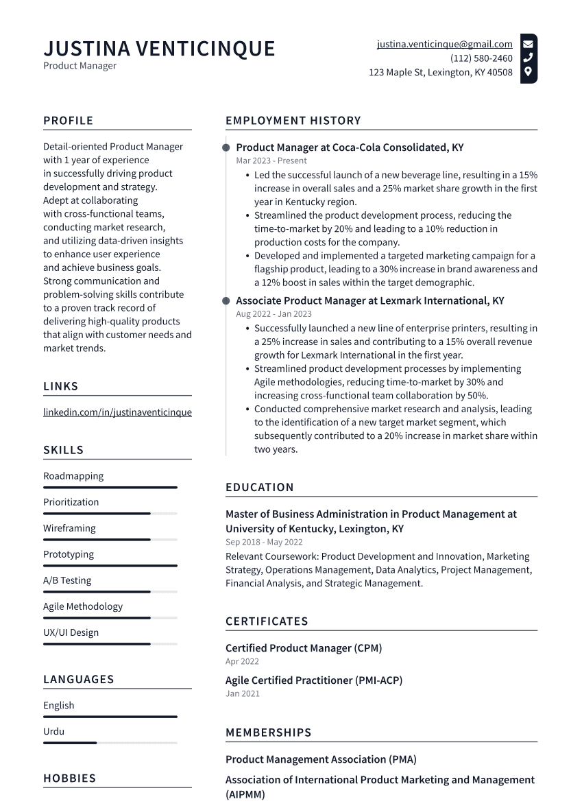 Product Manager Resume Example