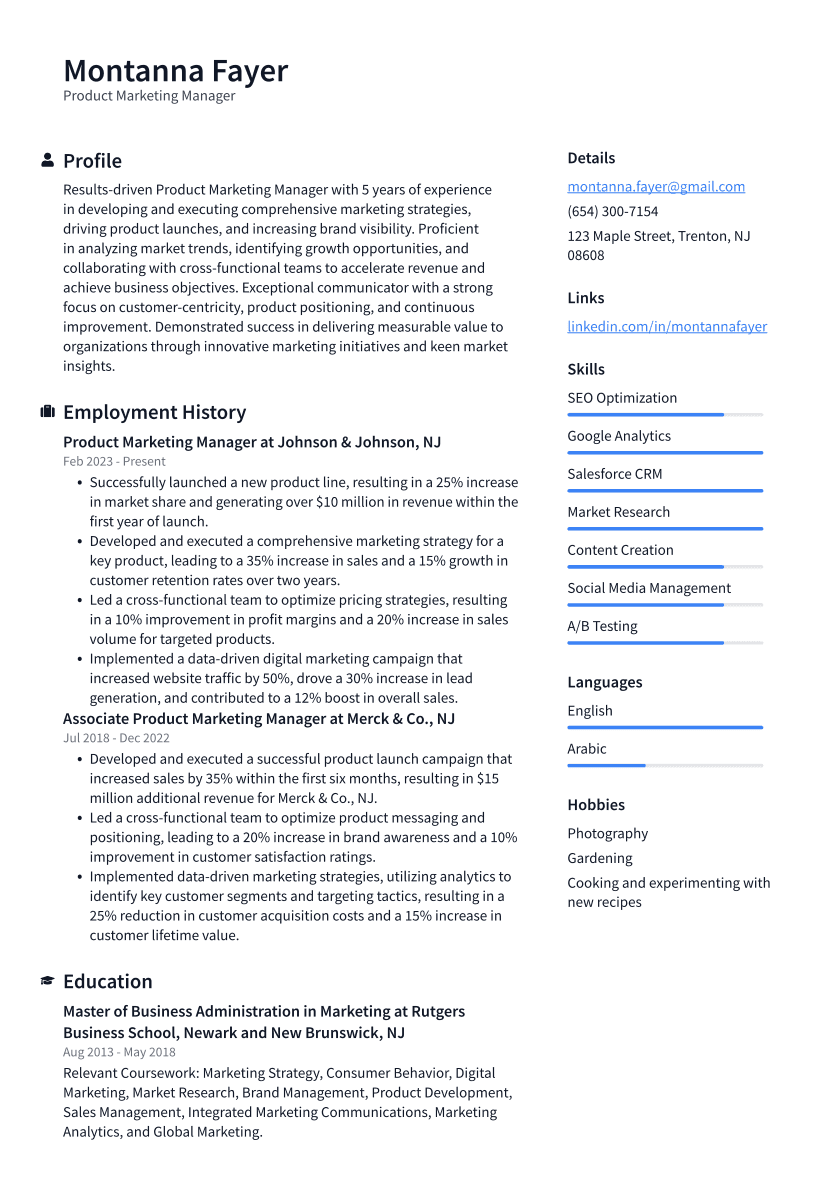 Product Marketing Manager Resume Example