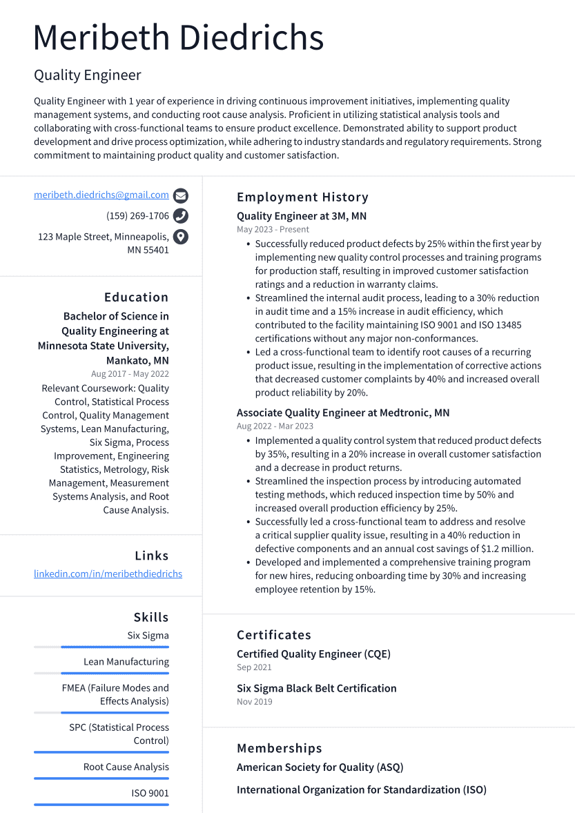 Quality Engineer Resume Example