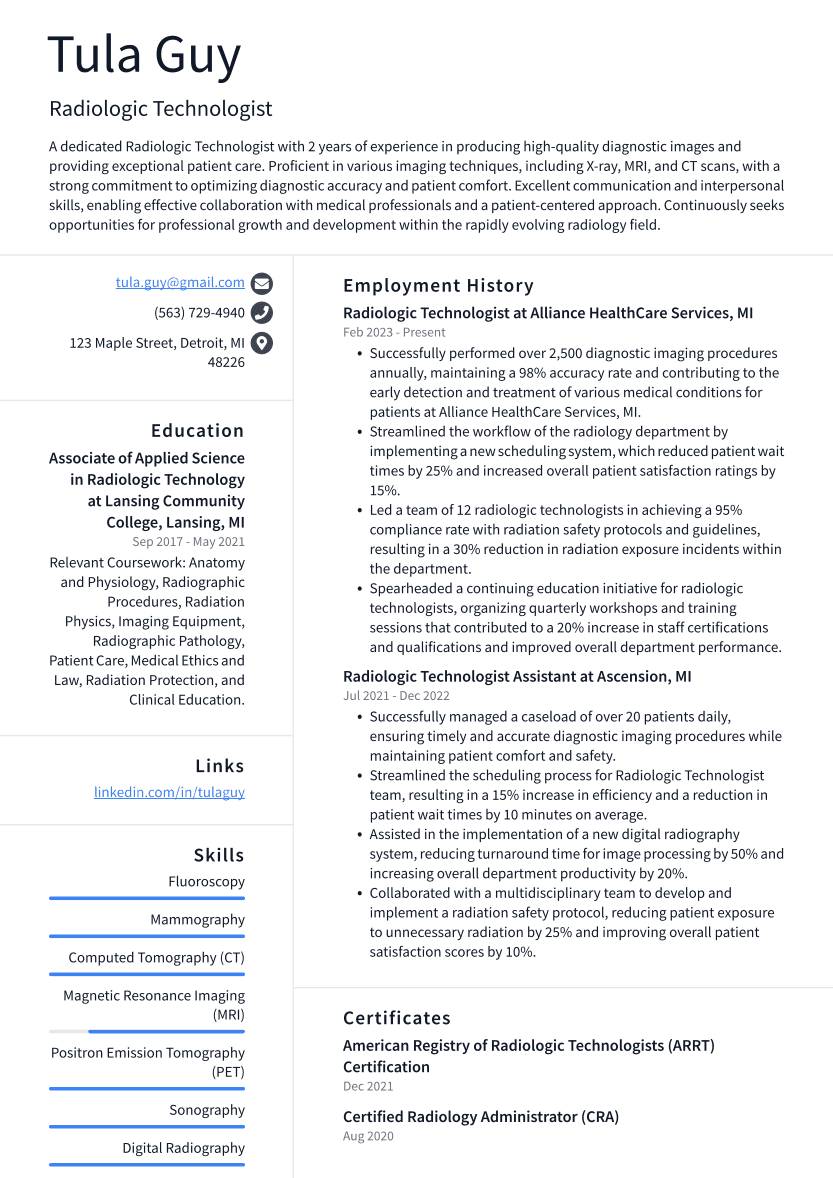 Radiologic Technologist Resume Example