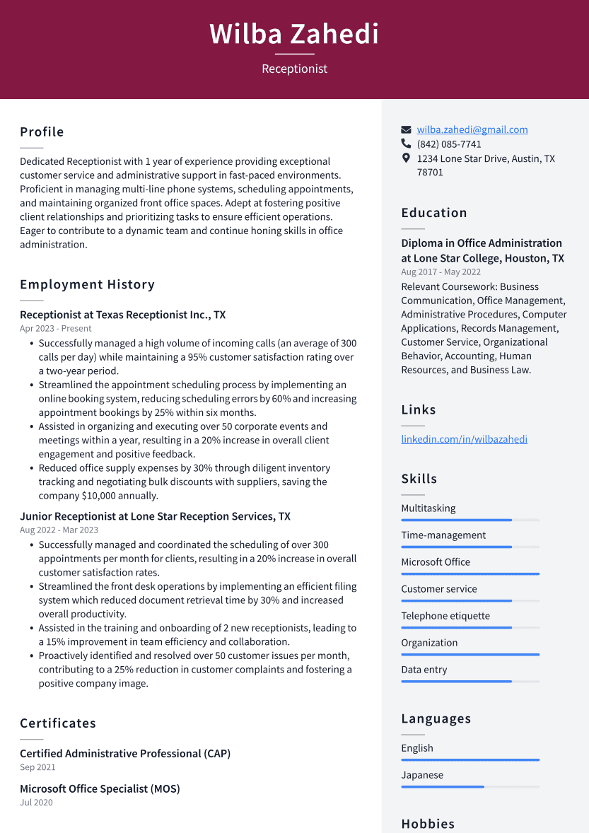 Receptionist Resume Example