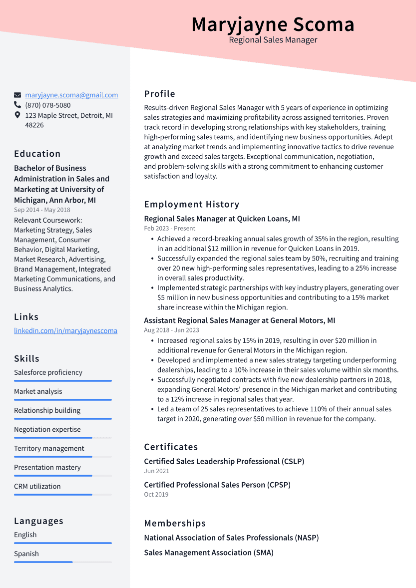 Regional Sales Manager Resume Example