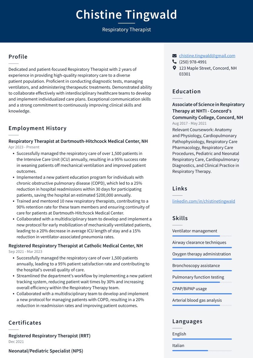 Respiratory Therapist Resume Example