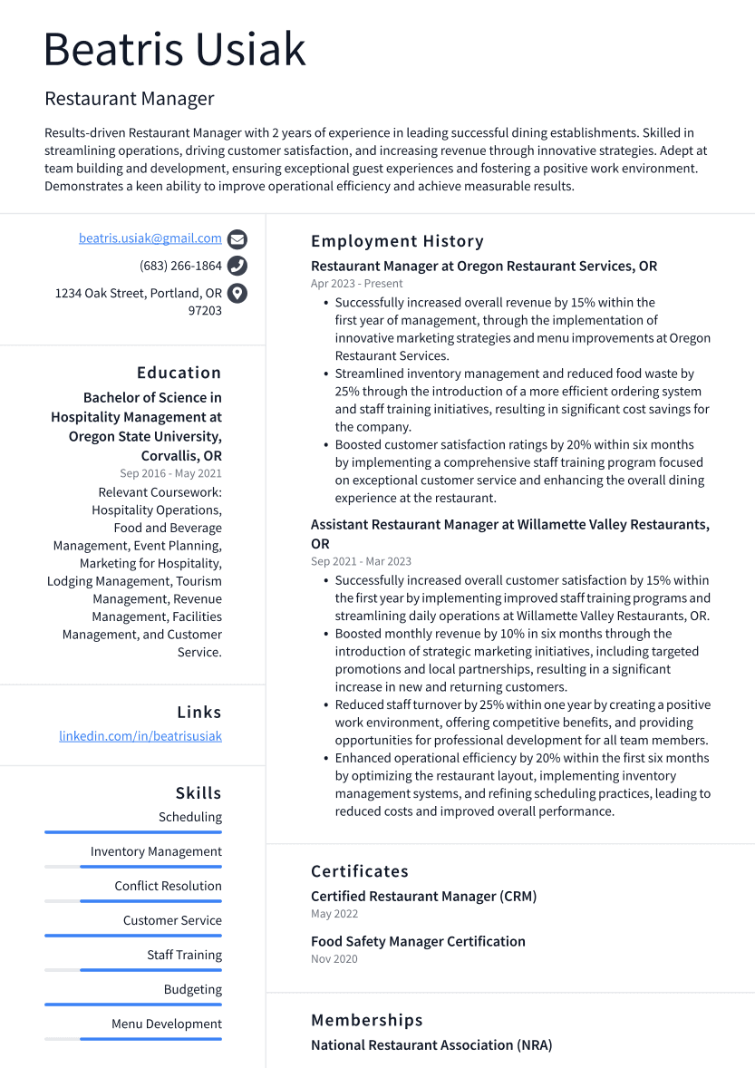 Restaurant Manager Resume Example