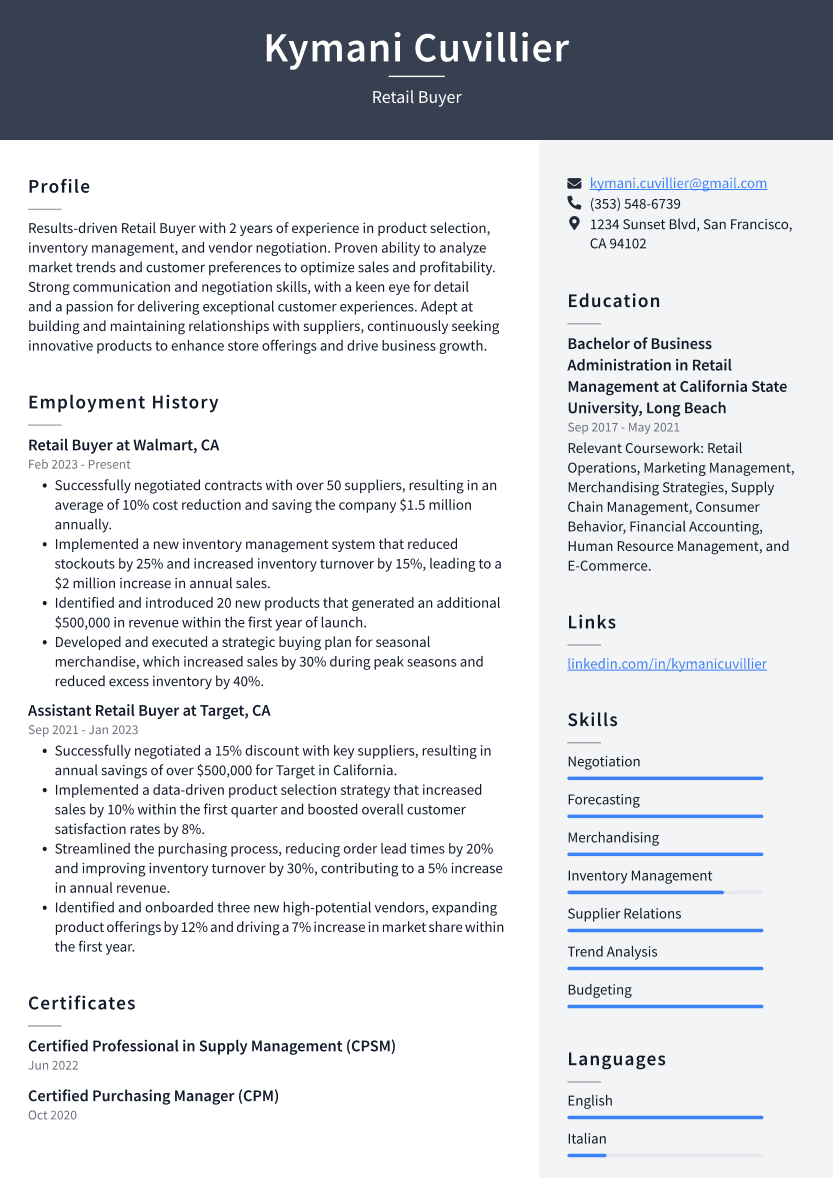 Retail Buyer Resume Example