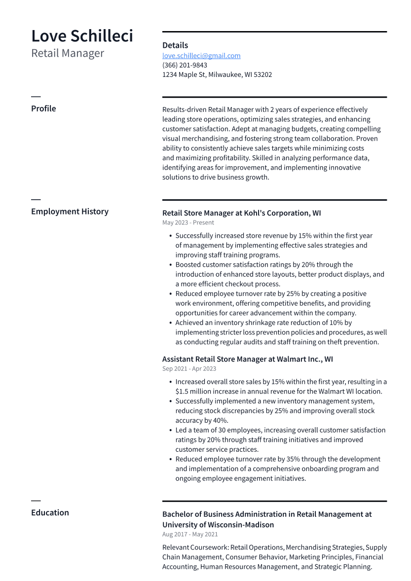 Retail Manager Resume Example