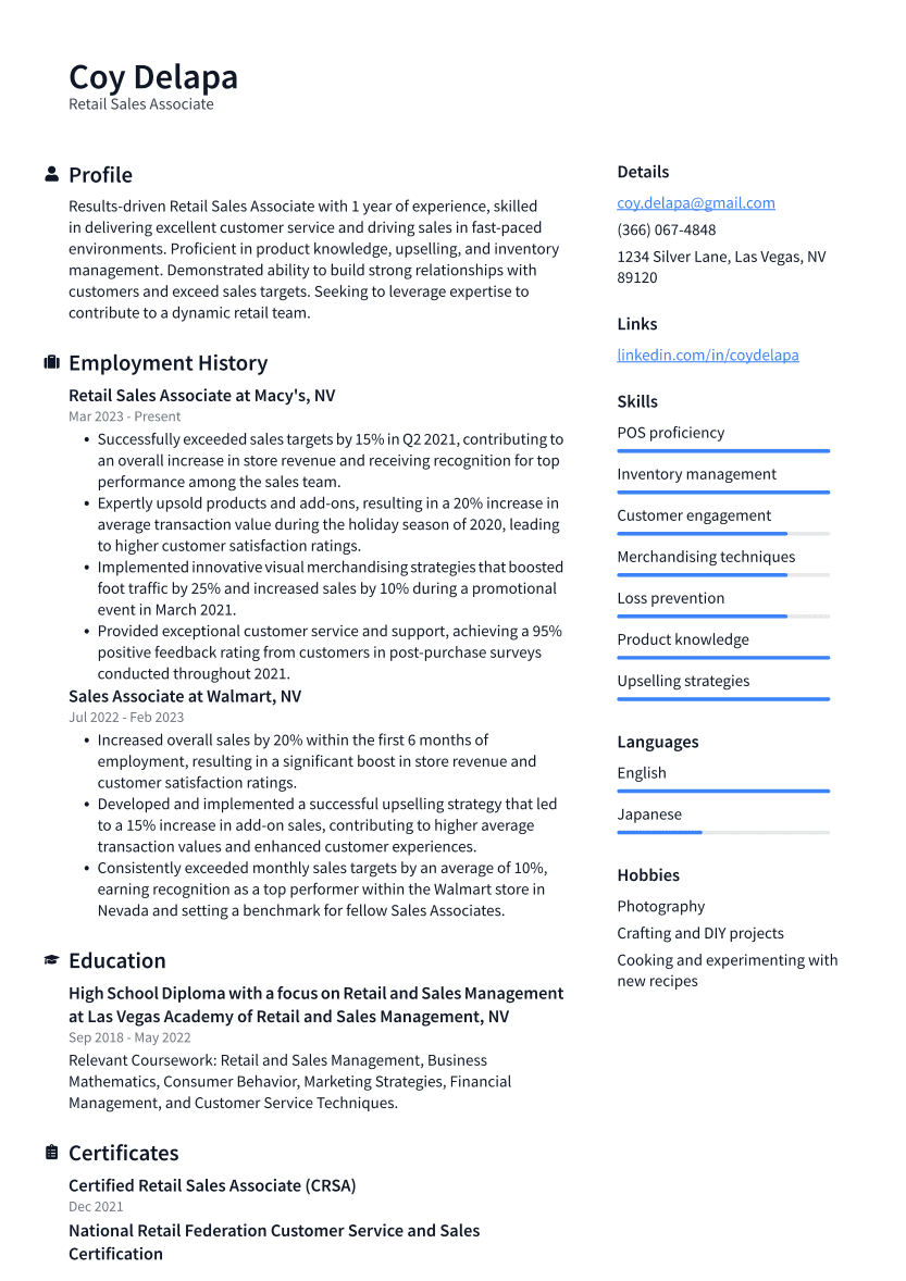 Retail Sales Associate Resume Example