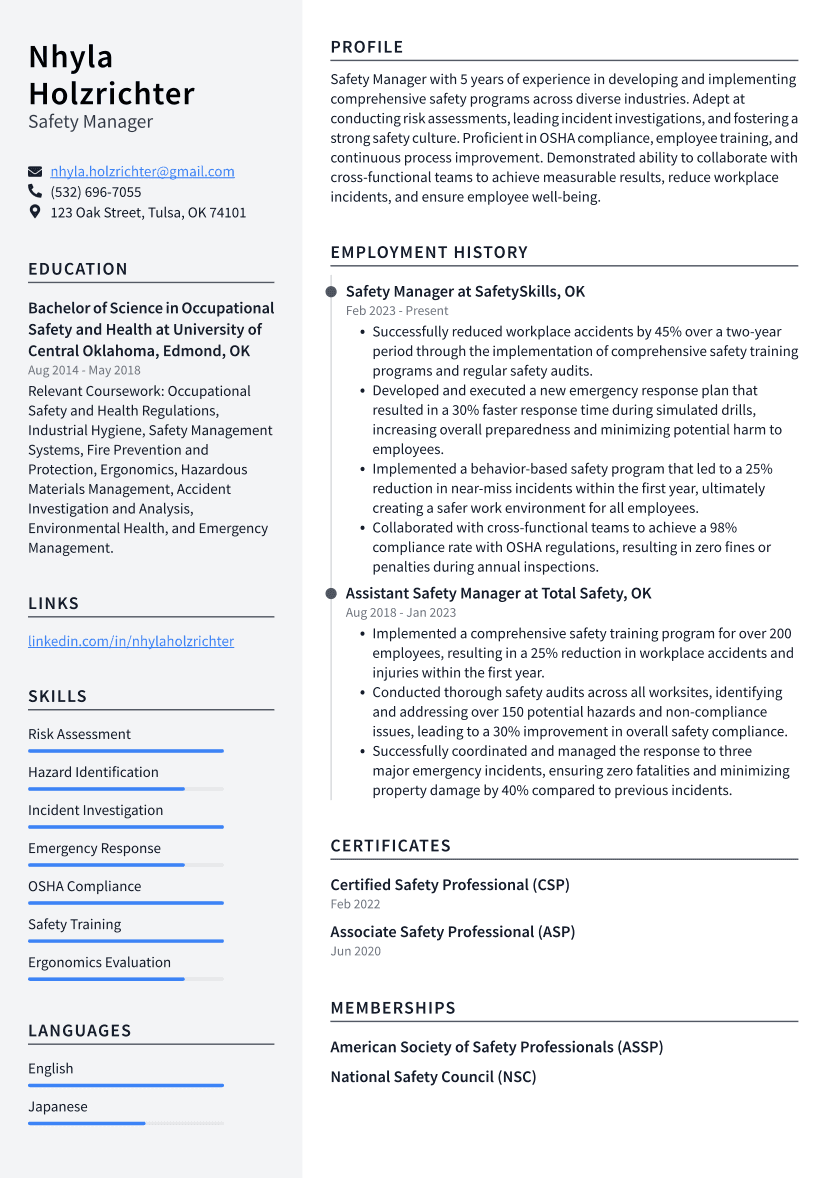 Safety Manager Resume Example