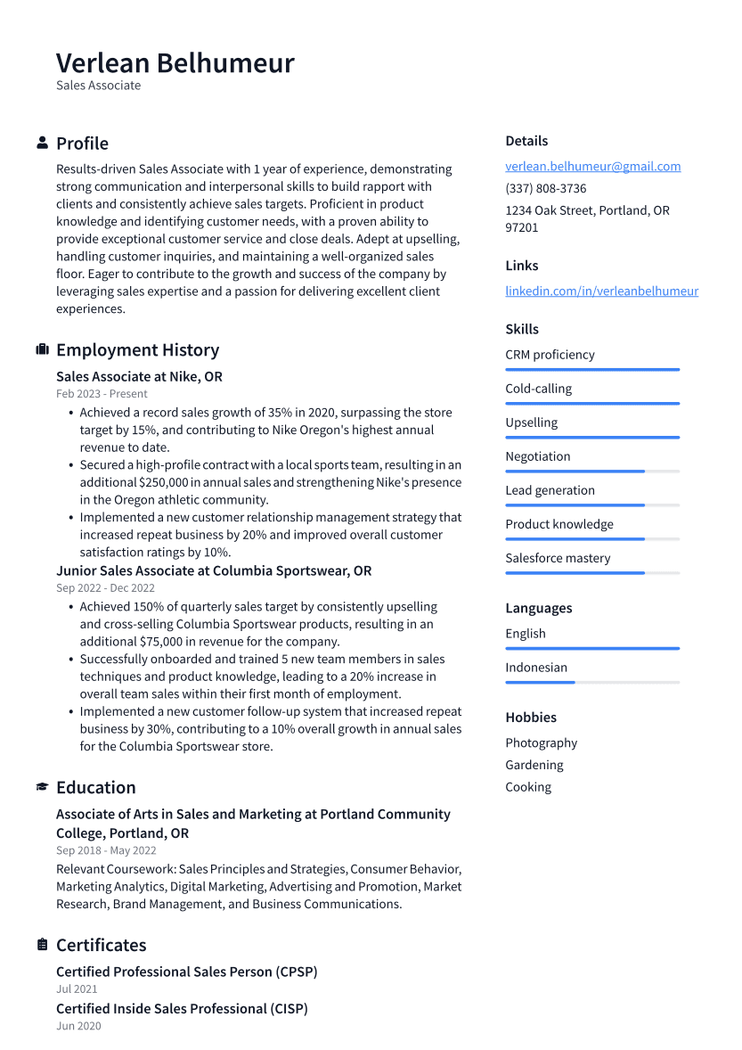 Sales Associate Resume Example