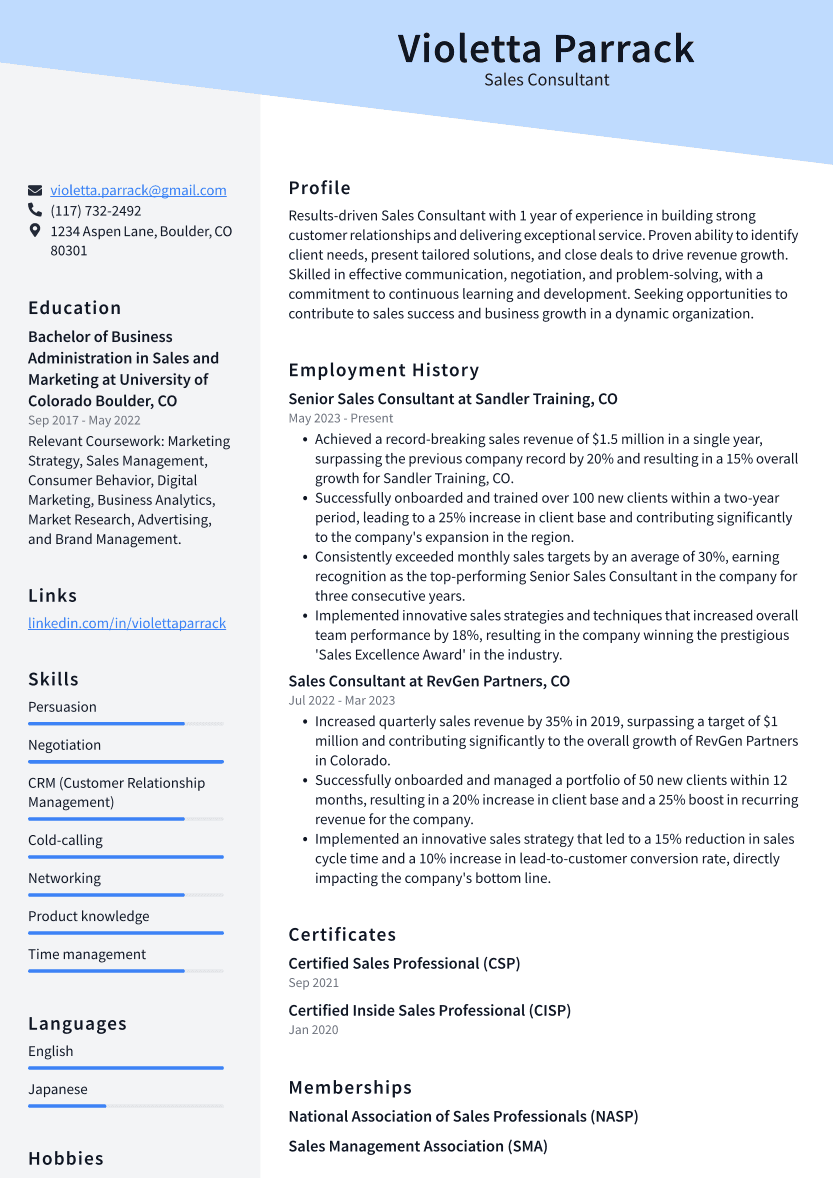 Sales Consultant Resume Example