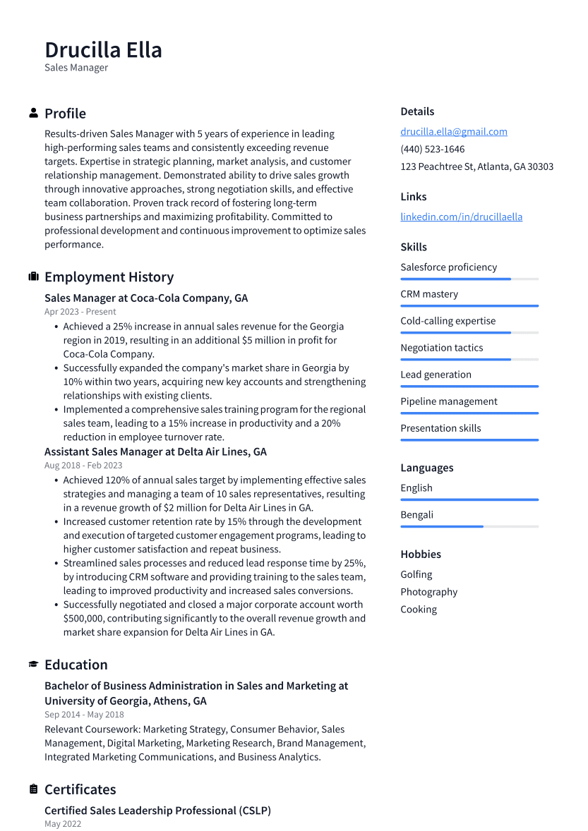 Sales Manager Resume Example