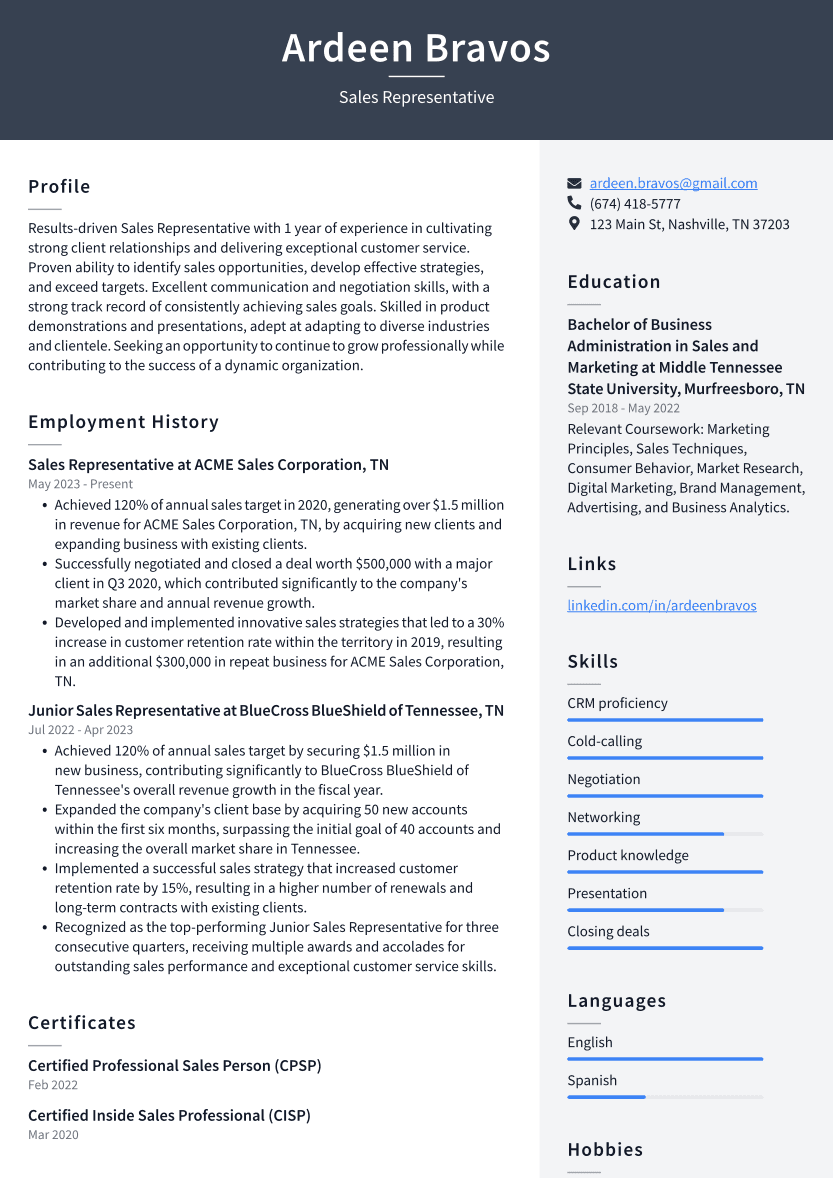 Sales Representative Resume Example