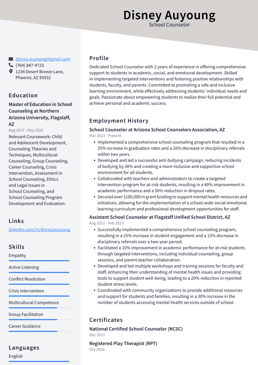 School Counselor Resume Example