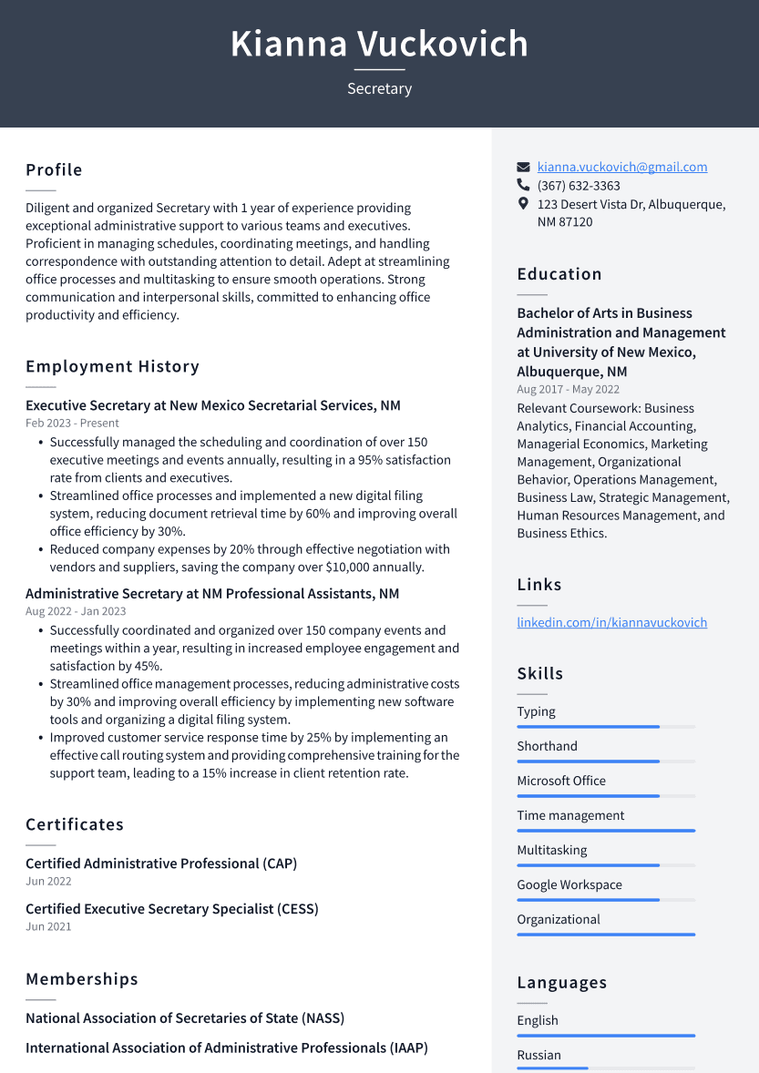 Secretary Resume Example