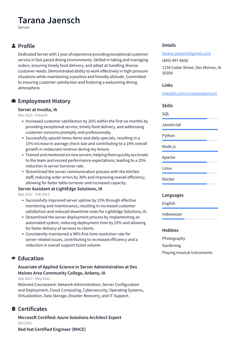 Server Resume Example
