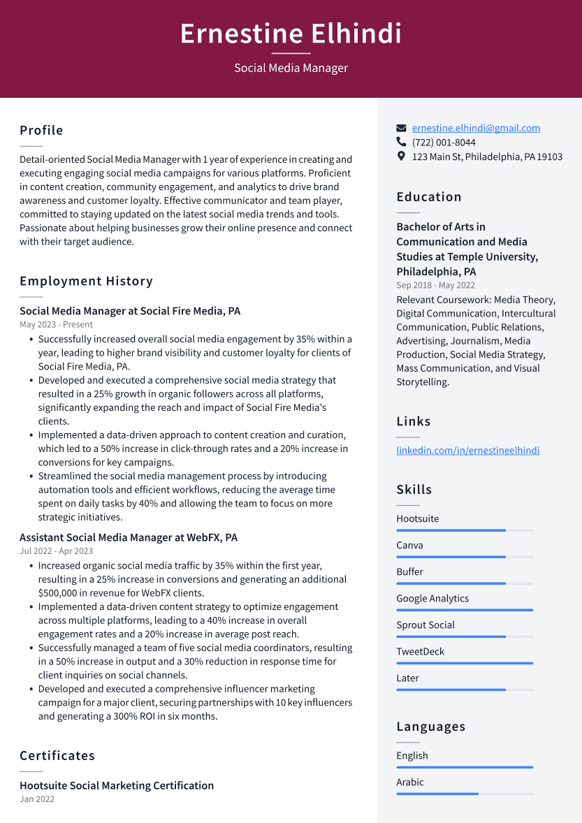 Social Media Manager Resume Example