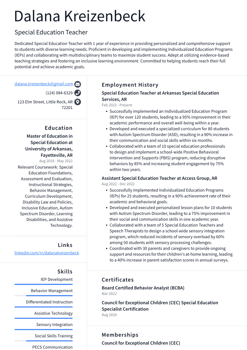 Special Education Teacher Resume Example