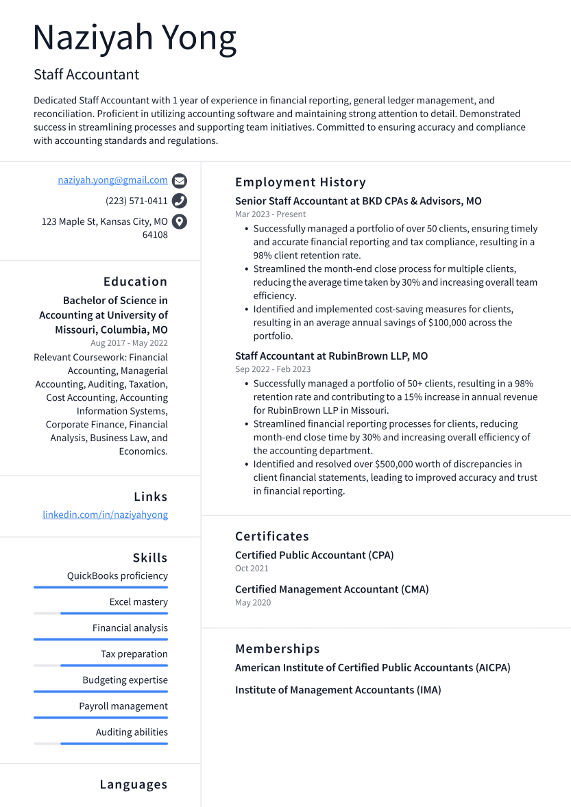 Staff Accountant Resume Example
