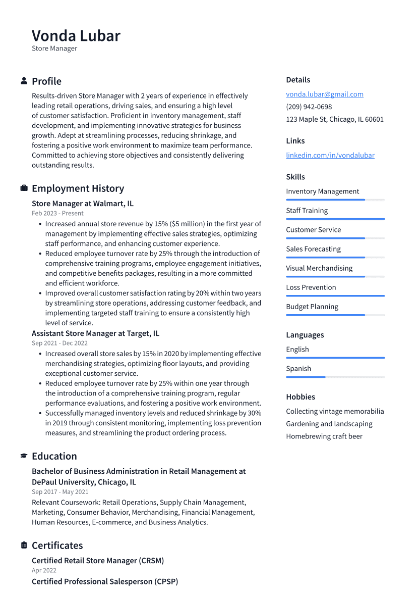 Store Manager Resume Example
