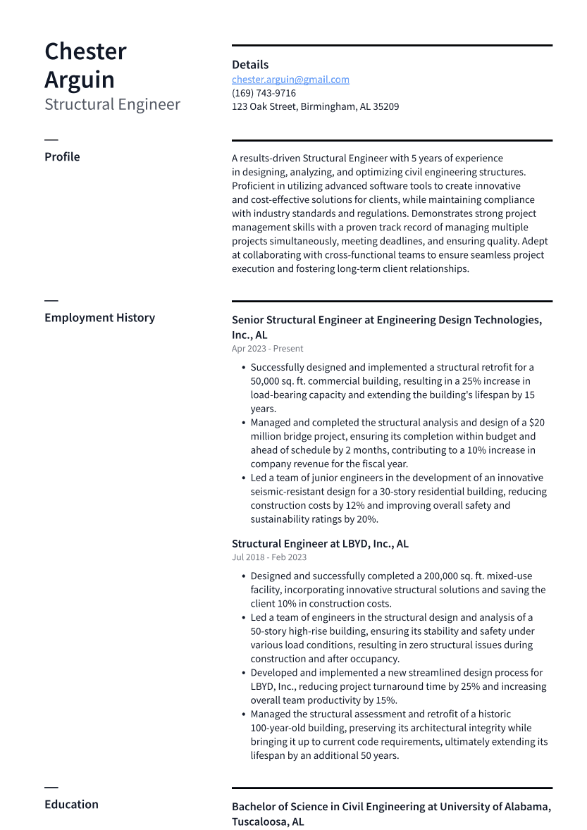 Structural Engineer Resume Example