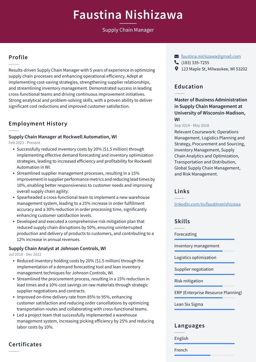 Supply Chain Manager Resume Example