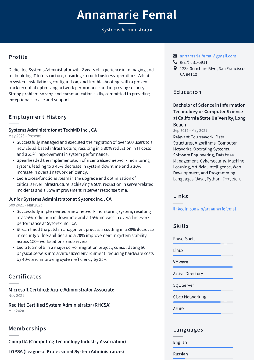 Systems Administrator Resume Example