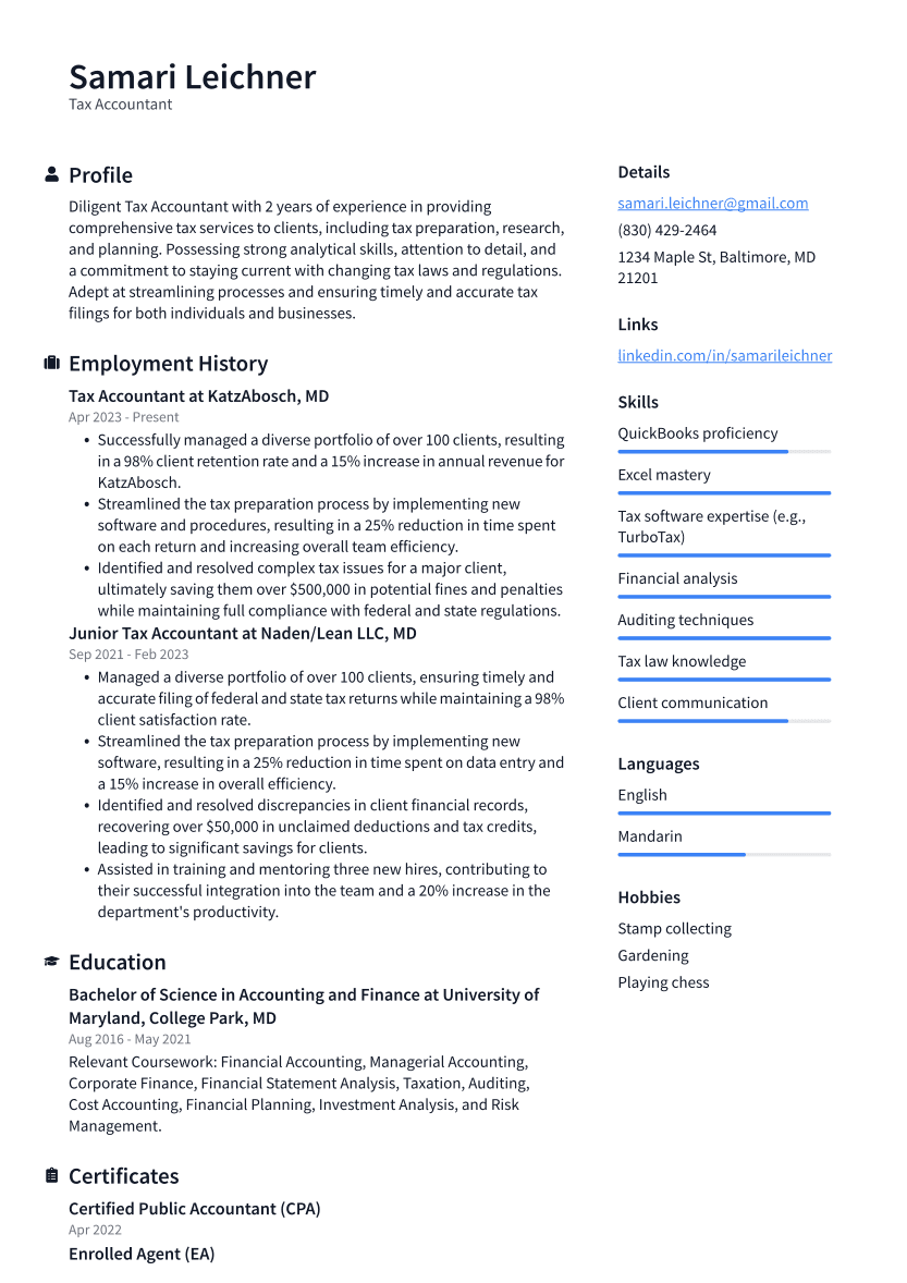 Tax Accountant Resume Example
