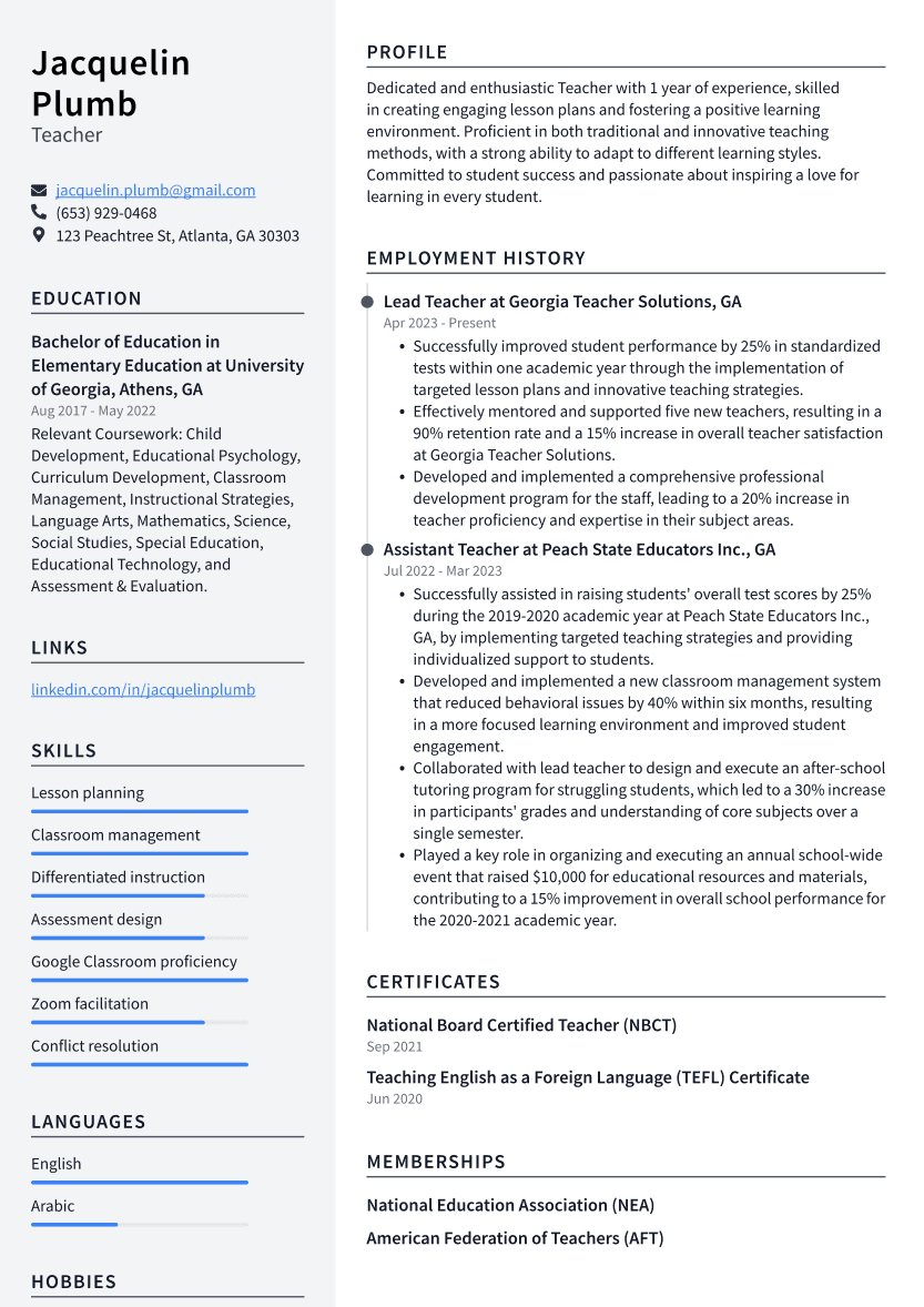 Teacher Resume Example