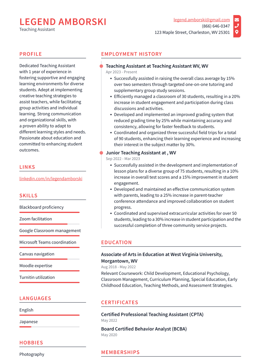 Teaching Assistant Resume Example