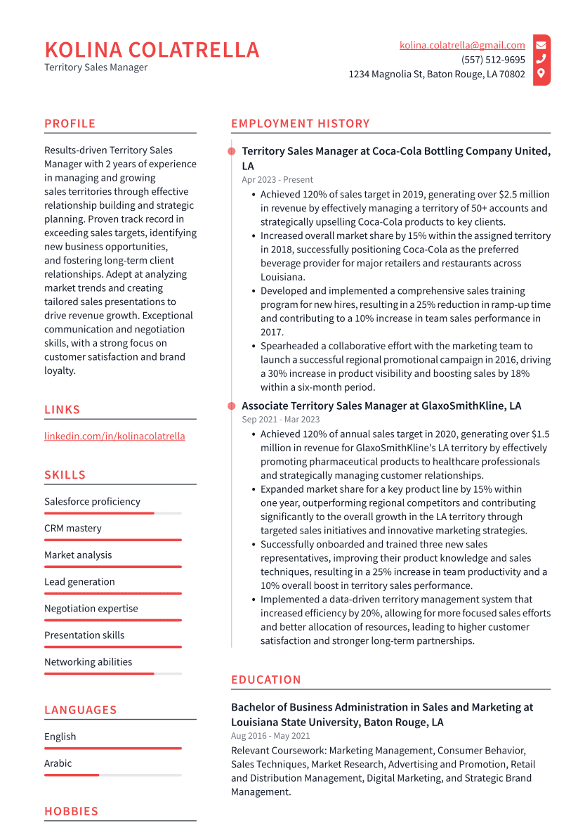 Territory Sales Manager Resume Example