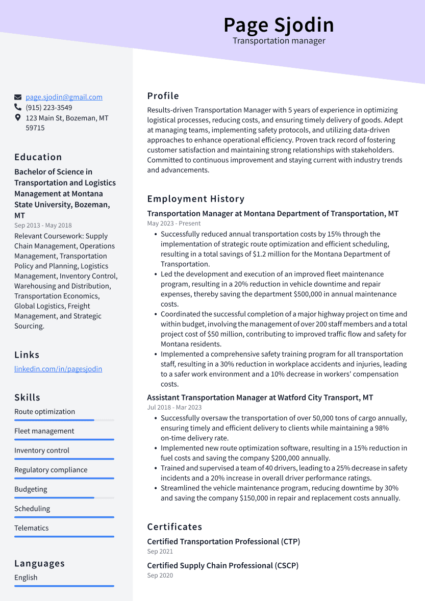 Transportation manager Resume Example