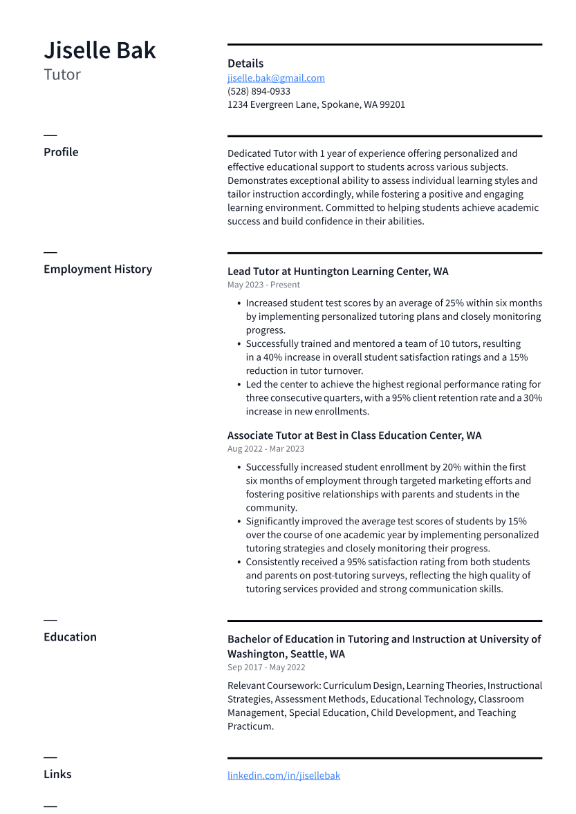Tutor Resume Example
