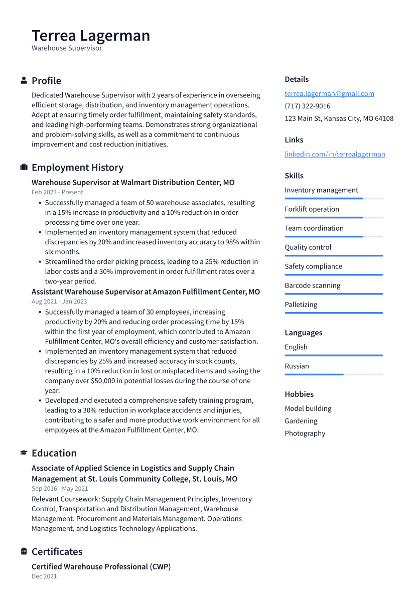 Warehouse Supervisor Resume Example