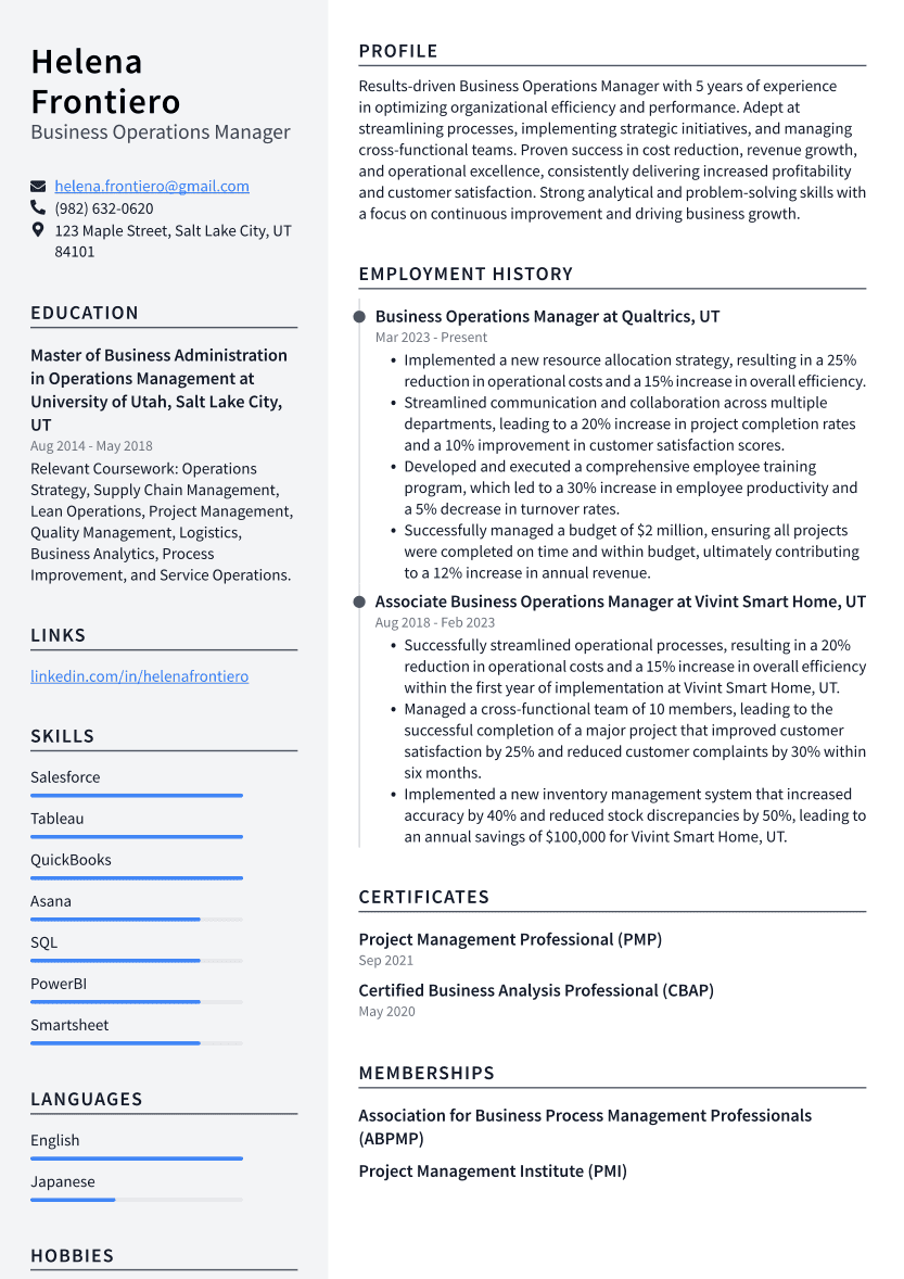 Business Operations Manager Resume Example